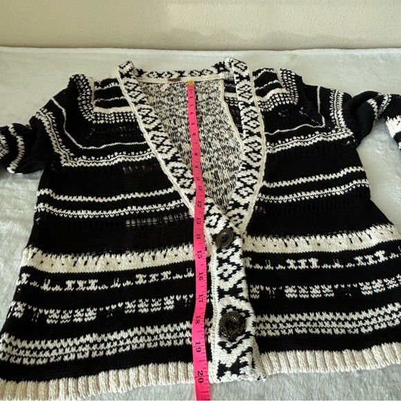 Free People Knit Cardigan V Neck Double Button Sweater, Black/White Size L - Picture 14 of 16